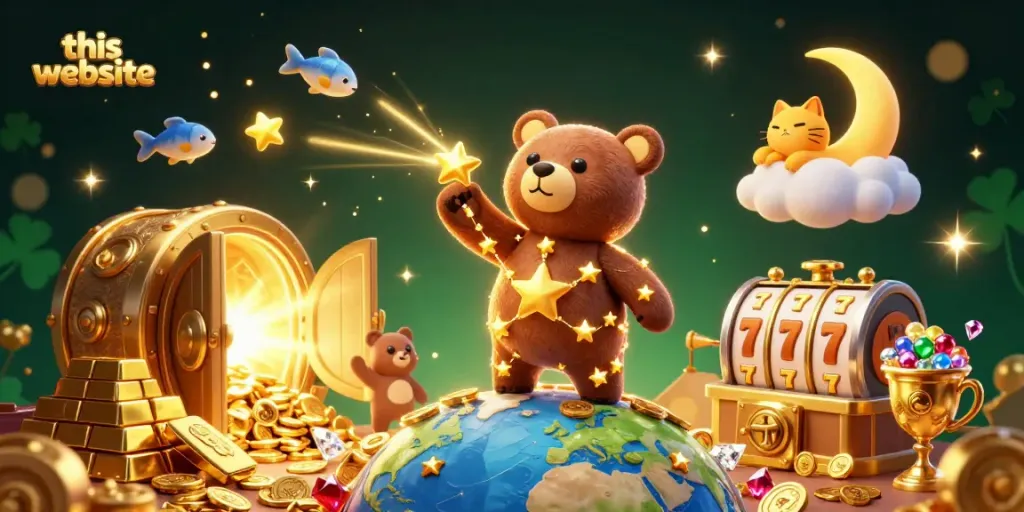 This website showcases a vibrant casino scene with a constellation bear and gold treasures.