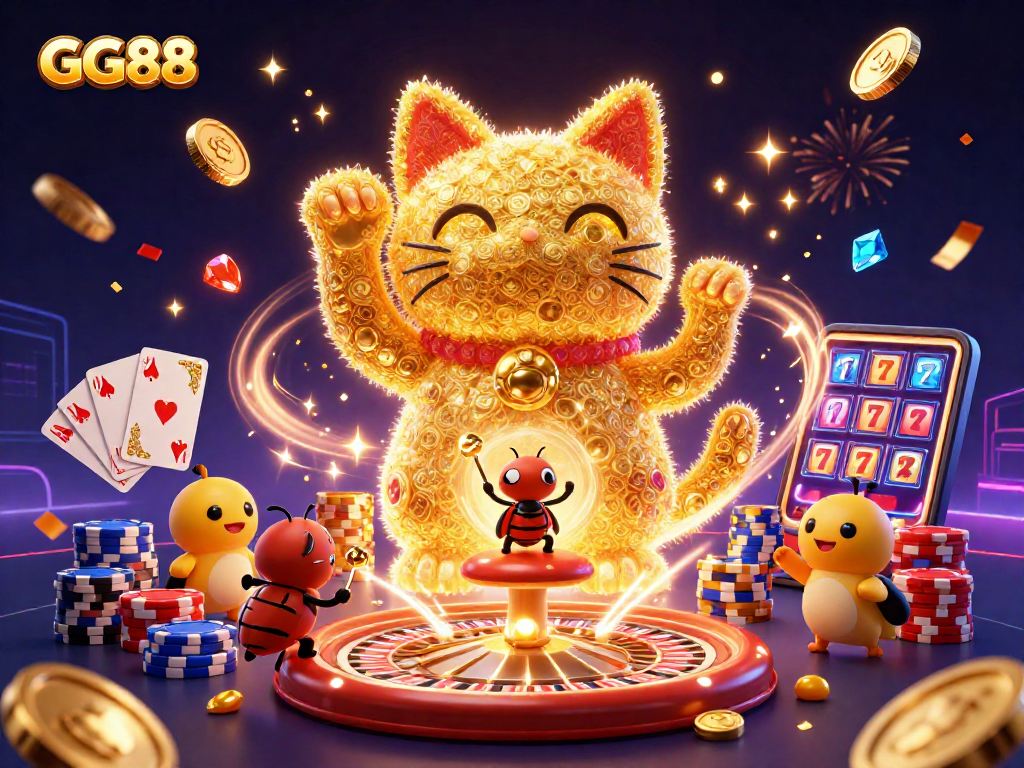 Experience the excitement of GG88 with a vibrant lucky cat made of fireflies and casino elements.