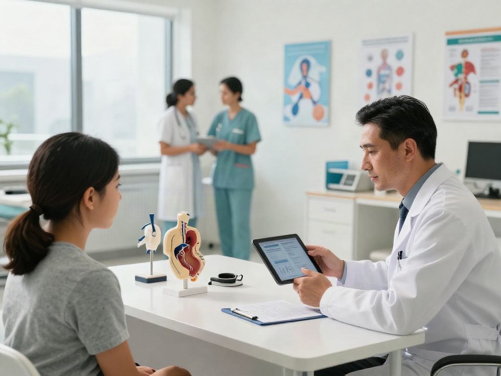 Stomach cancer treatment in Abu Dhabi consultation with a doctor and patient in a modern medical setting