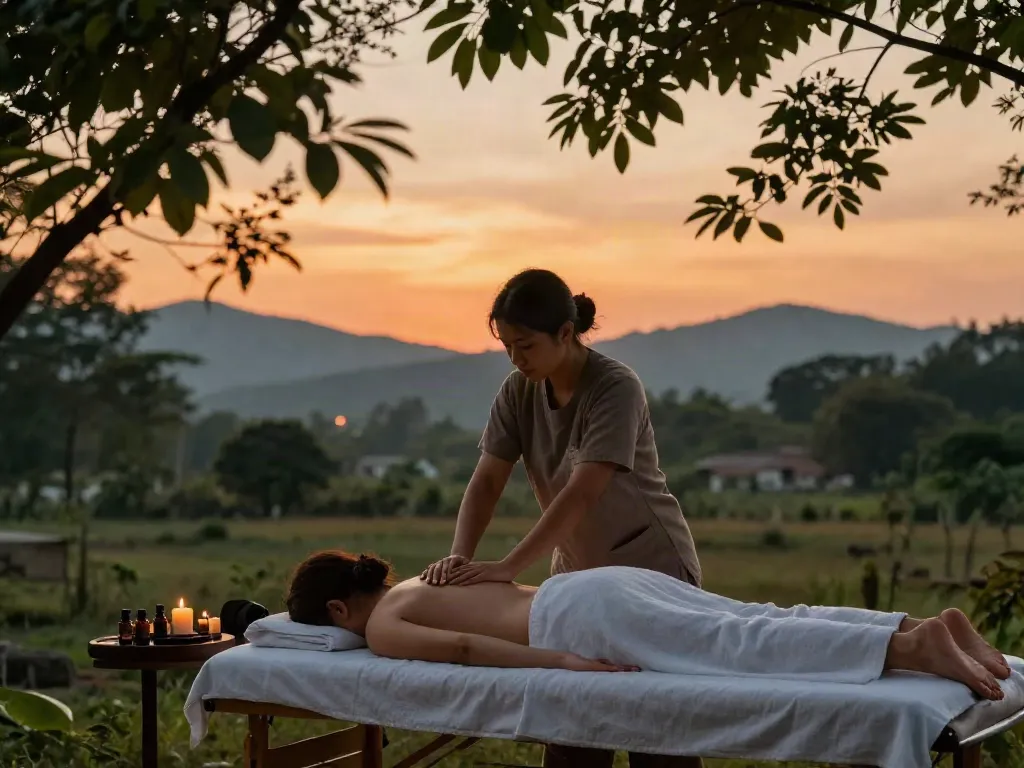 송파출장안마 therapy session in peaceful outdoor setting with calming view and massage elements.