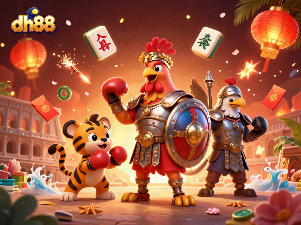 Win big with dh88, featuring a vibrant 3D scene of a rooster gladiator in a dynamic casino setting.