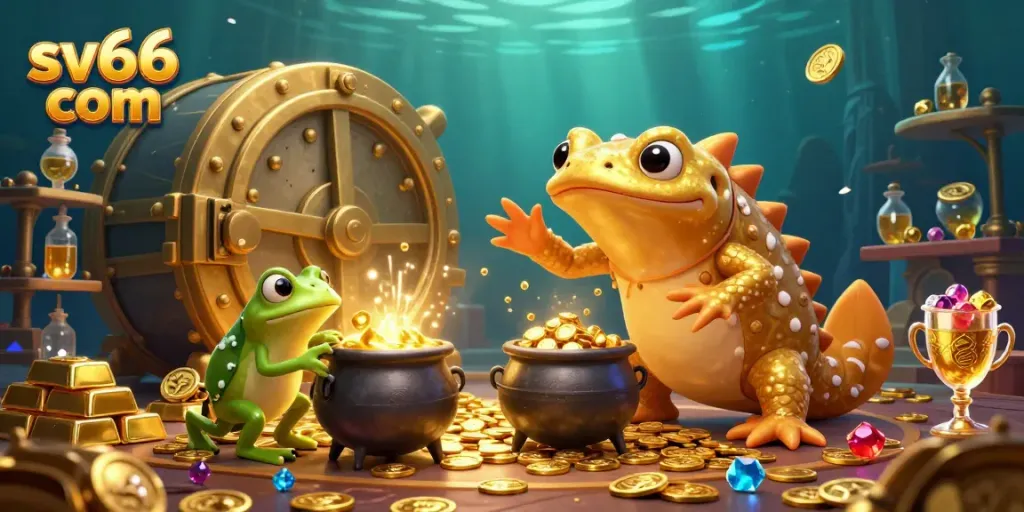 Join the excitement of sv66 com in a vibrant, gold-rich illustration showcasing a charming alchemist and his assistants transforming treasures.