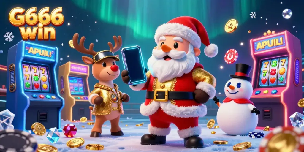 Explore the vibrant G666 win casino world with Santa, reindeer, and a snowman in a dynamic scene.