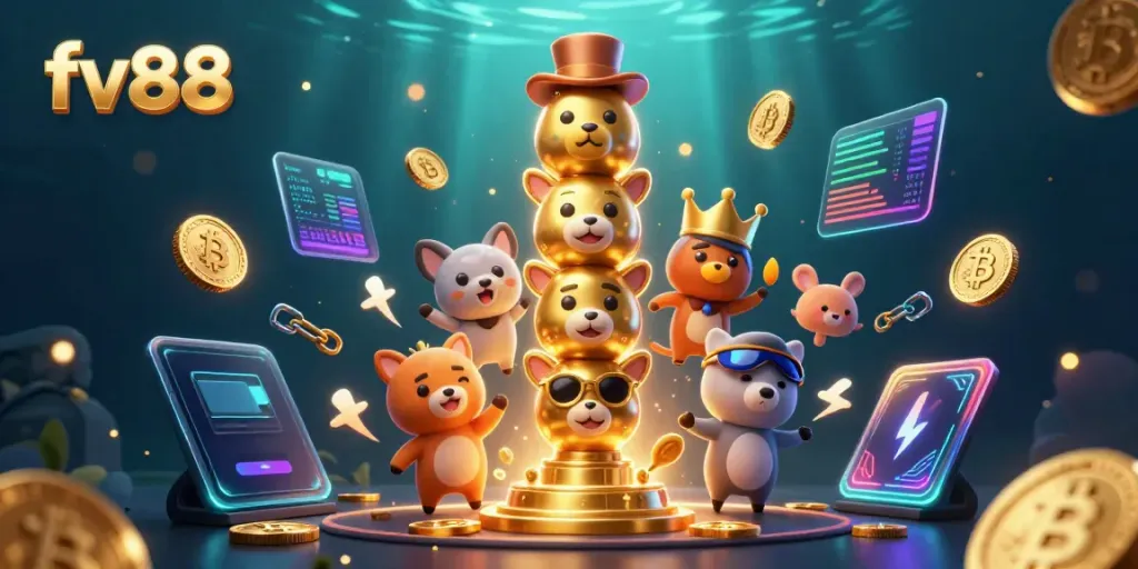 Engage in thrilling gameplay at fv88 with vibrant characters and crypto elements in a lively casino setting.