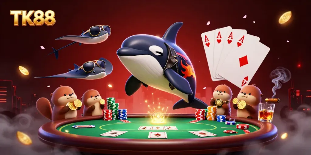 Engaging TK88 casino illustration featuring vibrant characters and poker elements.