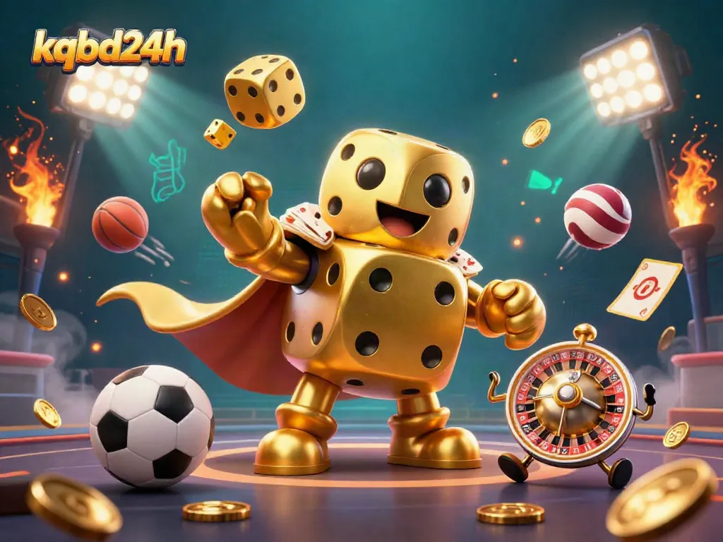 Engage with kqbd24h as a playful golden dice golem delights in juggling smaller dice amidst dynamic sports elements.