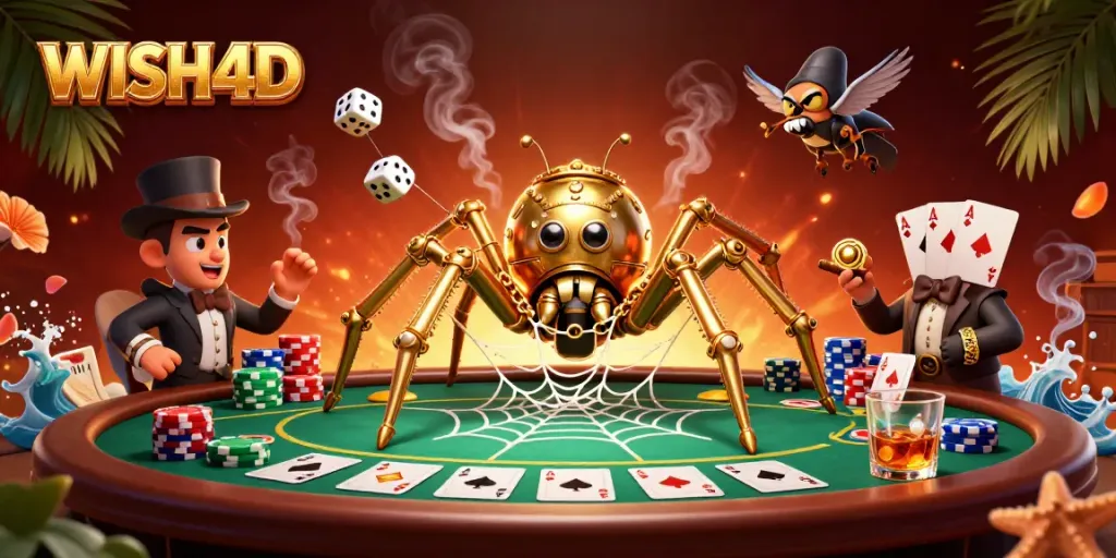 Engage with WISH4D's thrilling casino scene featuring a golden spider and dynamic poker game.