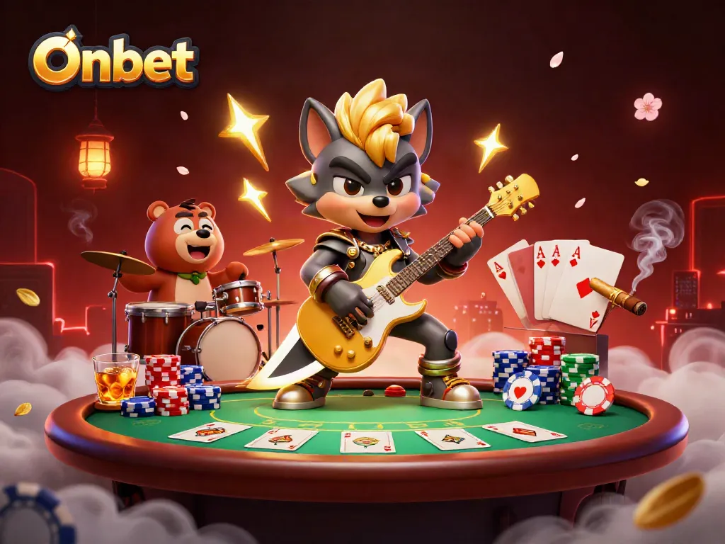 Engage with Onbet's thrilling poker experience featuring dynamic characters and vibrant casino elements.