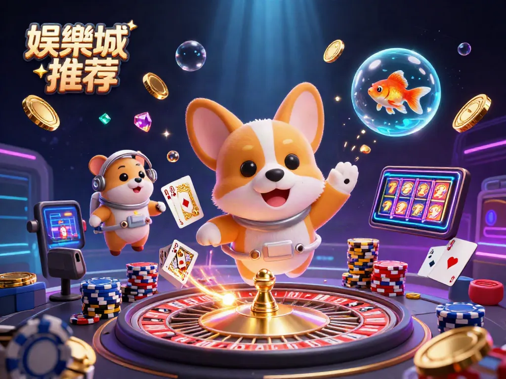 在娛樂城推薦平台中，宇航犬與指揮官漢堡正在探索太空遊戲世界，轉動的輪盤與閃亮的金幣增添了遊戲的刺激感。