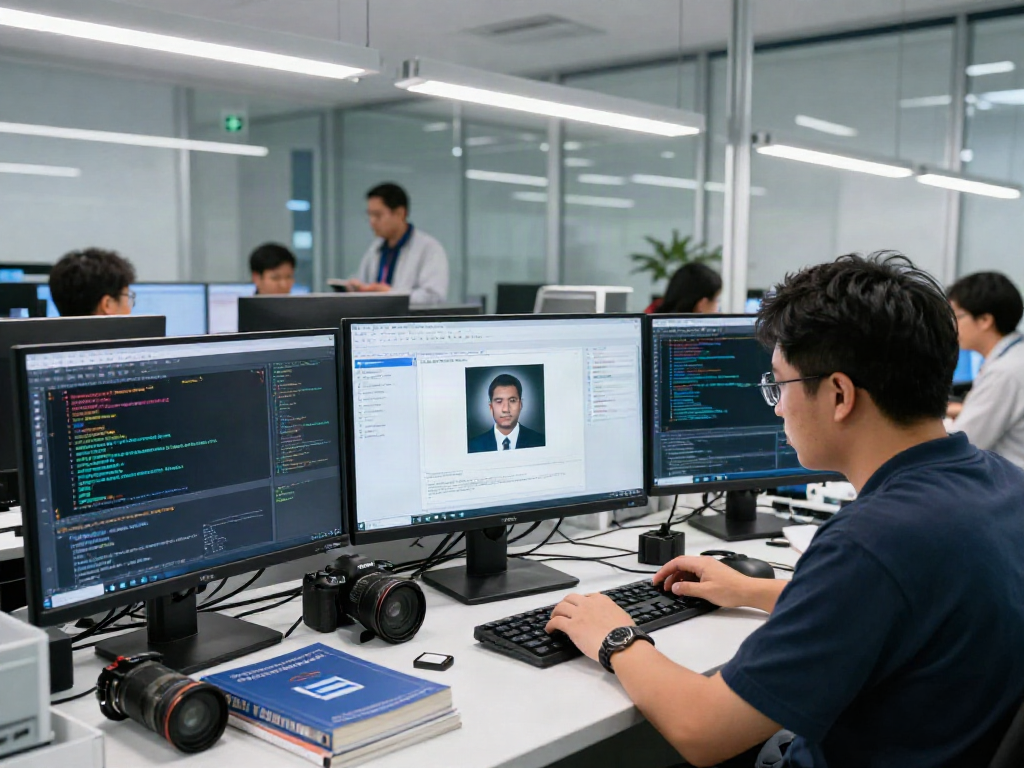 Analyst using advanced tools for AI-Generated Image Detection in a tech lab.