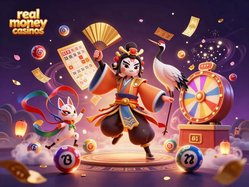 Experience real money casinos with vibrant characters, dynamic game elements, and casino excitement in a captivating illustration.