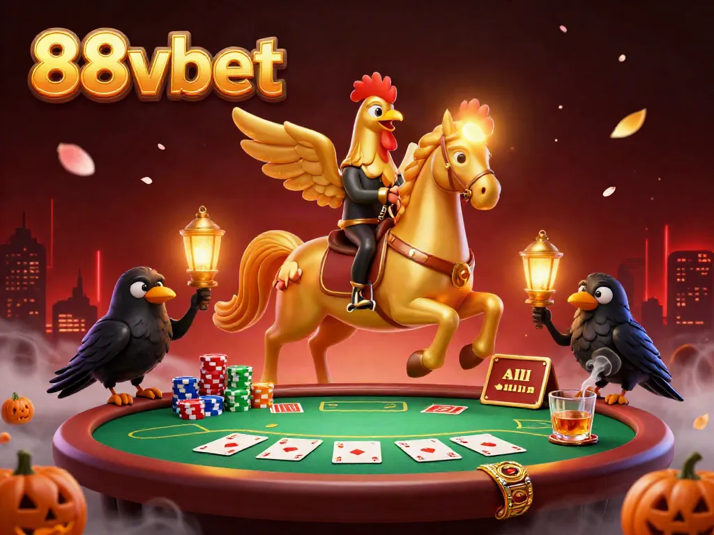 Experience thrilling gaming at 88vbet with a golden rooster riding through a lively casino scene, poker elements rich in detail.