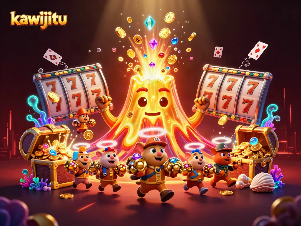 Experience the thrilling eruption of kawijitu, a golden volcano pouring treasure in a vibrant casino scene.