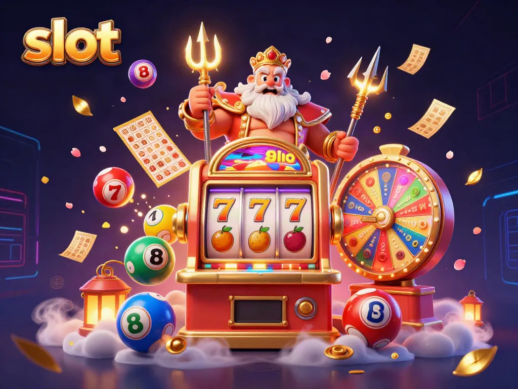 Mesin slot yang menarik dengan simbol keberuntungan dan Nabi Laut dalam suasana kasino yang meriah.