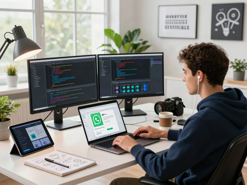Developer using gb whatsapp in a modern workspace with tech gadgets and creative decor