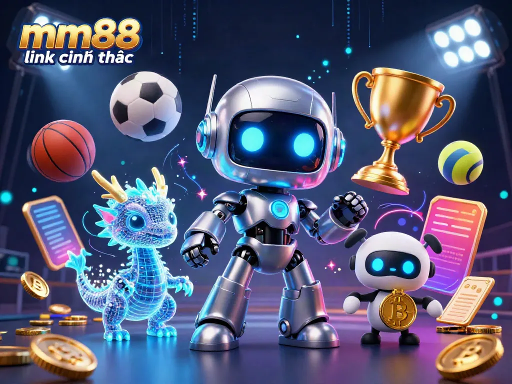 Engage with the mm88 link chính thức through a vibrant 3D carnival of gaming excitement featuring a cyberpunk mascot.