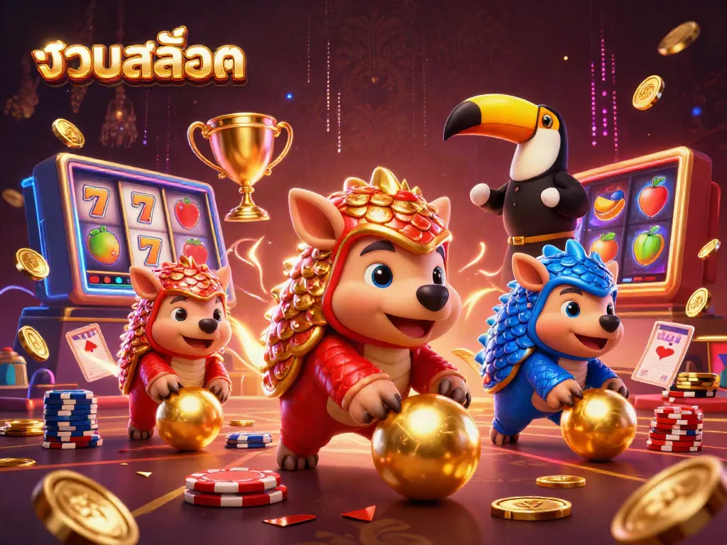 Engage in thrilling slots action with รวมสล็อต as two rival pangolins roll through golden balls and poker chips.