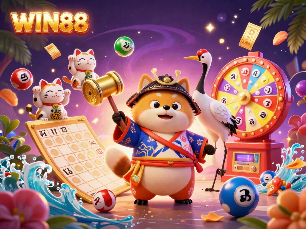 Engage with WIN88's vibrant casino scene featuring a lucky tanuki, crane, and fortune cats in a dynamic 3D illustration.