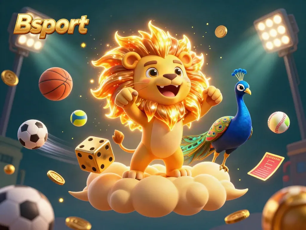 Experience thrilling sports betting with Bsport in this dynamic 3D illustration of a cartoon sun lion.