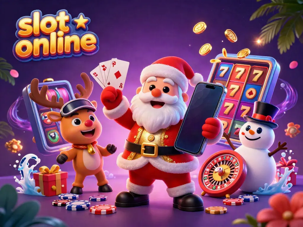 Experience the excitement of slot online as Santa spins the reels with friends on a vivid casino adventure.