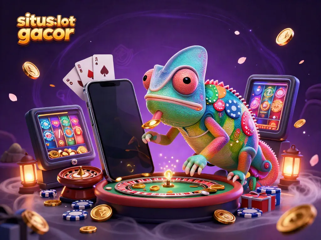 Experience excitement at situs slot gacor with a vibrant illustration of a colorful casino scene, featuring a chameleon owner.