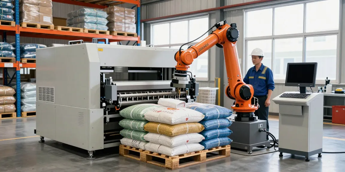 Robotic automatic bag palletizer machine efficiently stacking bags in a modern warehouse.