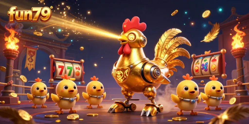 Experience fun79's exciting slots with golden rooster robot and baby chick drones in a vibrant casino scene.