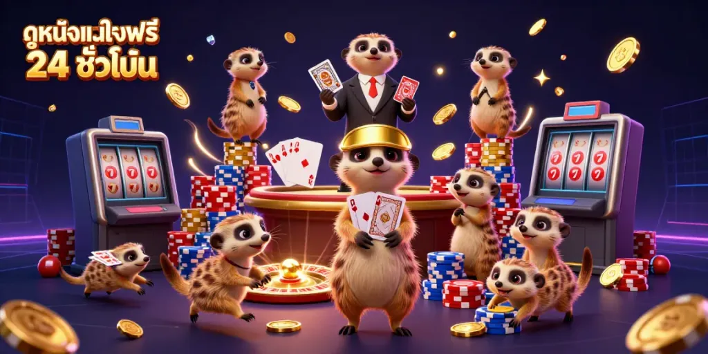 Experience the thrill of ดูหนังออนไลน์ฟรี 24 ชั่วโมง in a vibrant casino scene with fun meerkat characters.