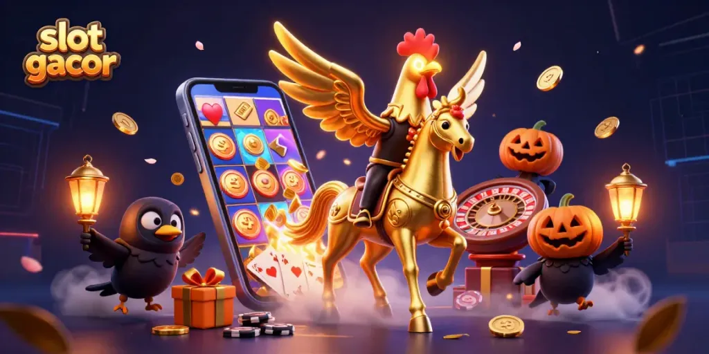 Experience thrilling slot gacor adventures with a golden rooster and casino-themed elements in a vibrant illustration.