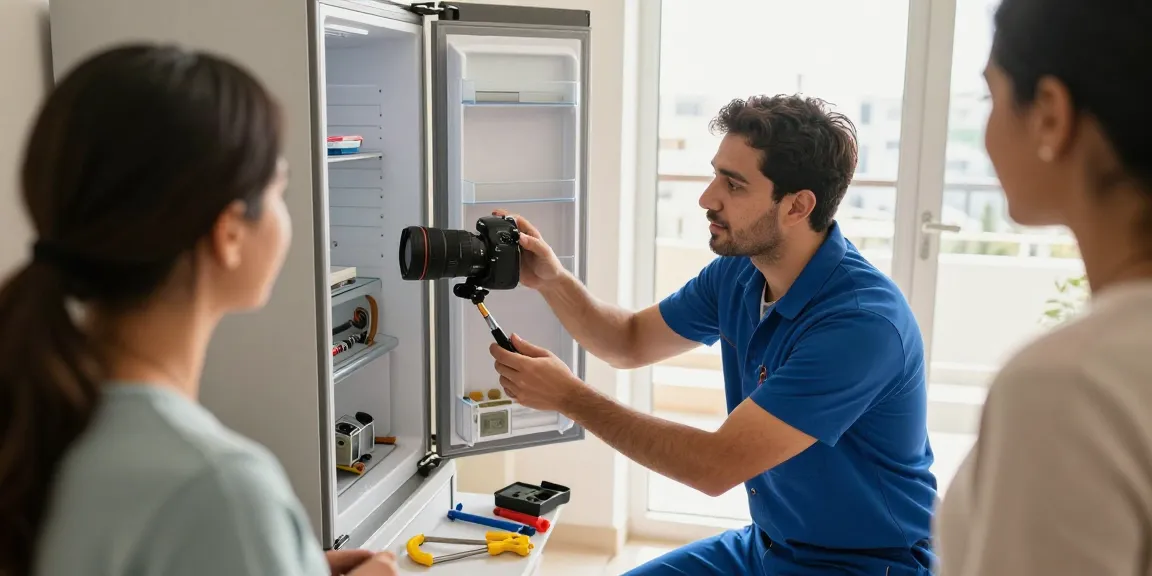 Expert technician performing all home brand repair on a refrigerator in a bright kitchen.
