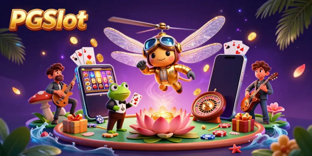 Experience PGSlot excitement with vibrant characters and casino elements in a dynamic 3D illustration.