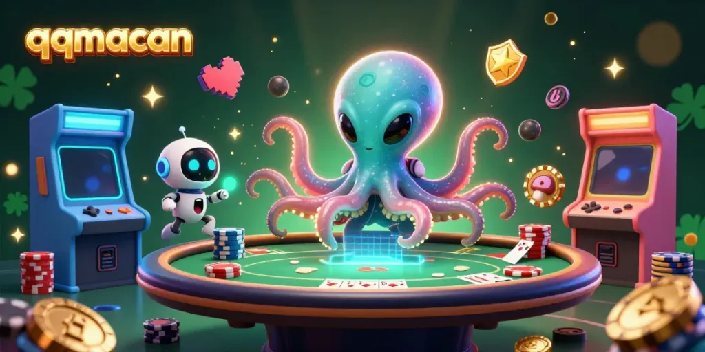 qqmacan alien octopus plays poker in a colorful, vibrant casino scene with dynamic game elements.