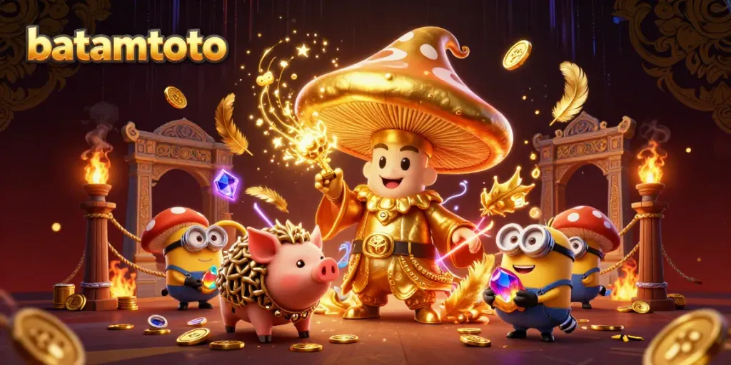 Bet on batamtoto with a mystical golden mushroom wizard, treasure pig, and sparkling gemstones.