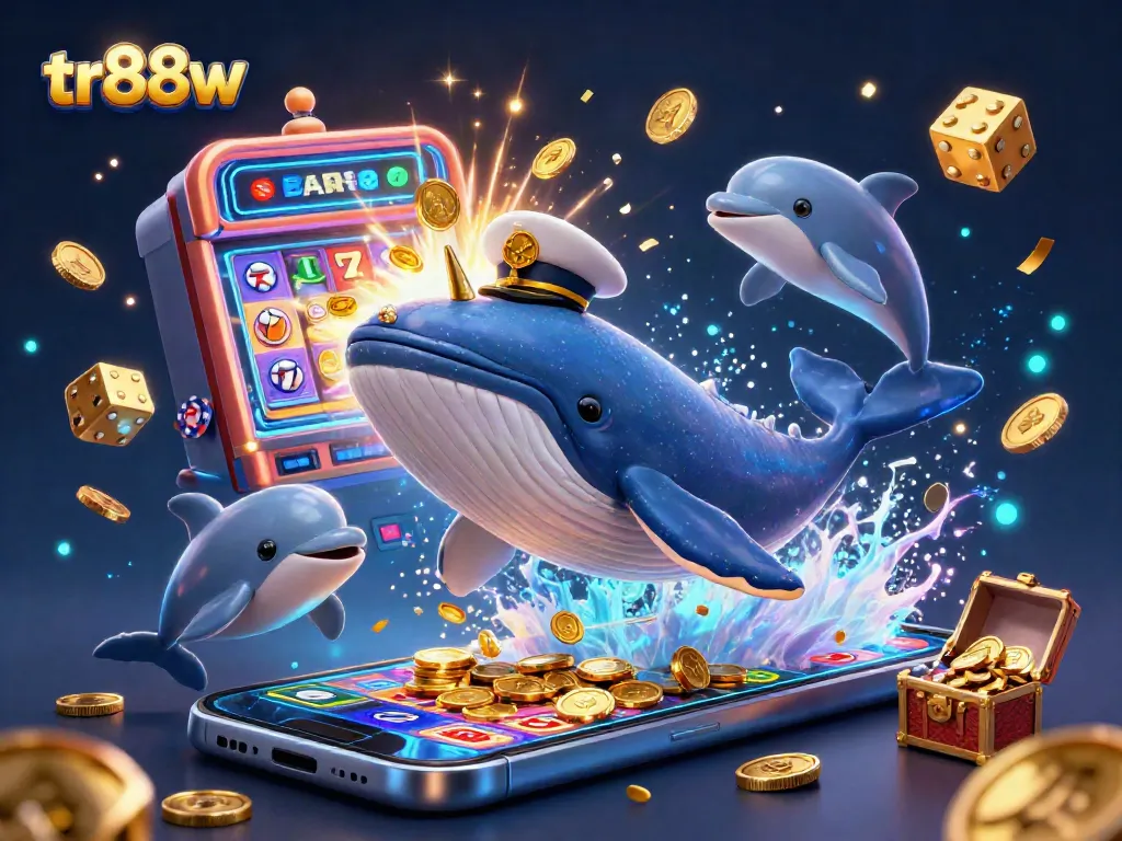 Engage with tr88w's thrilling casino adventure featuring a giant whale breaching coins, enhanced by jackpots and vibrant casino elements.