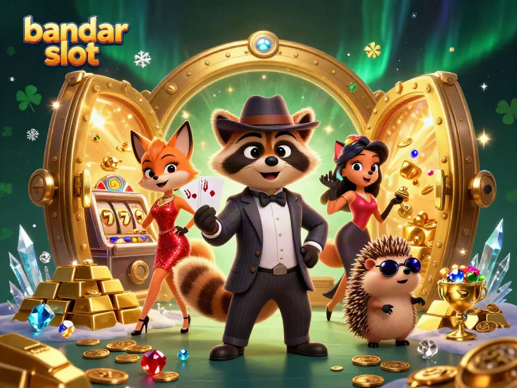 Experience the excitement of bandar slot with a raccoon and friends in this vivid casino scene.