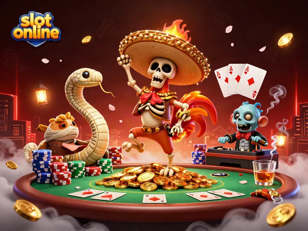 Celebrate in style with slot online, featuring a vibrant victory dance on a mountain of gold coins.