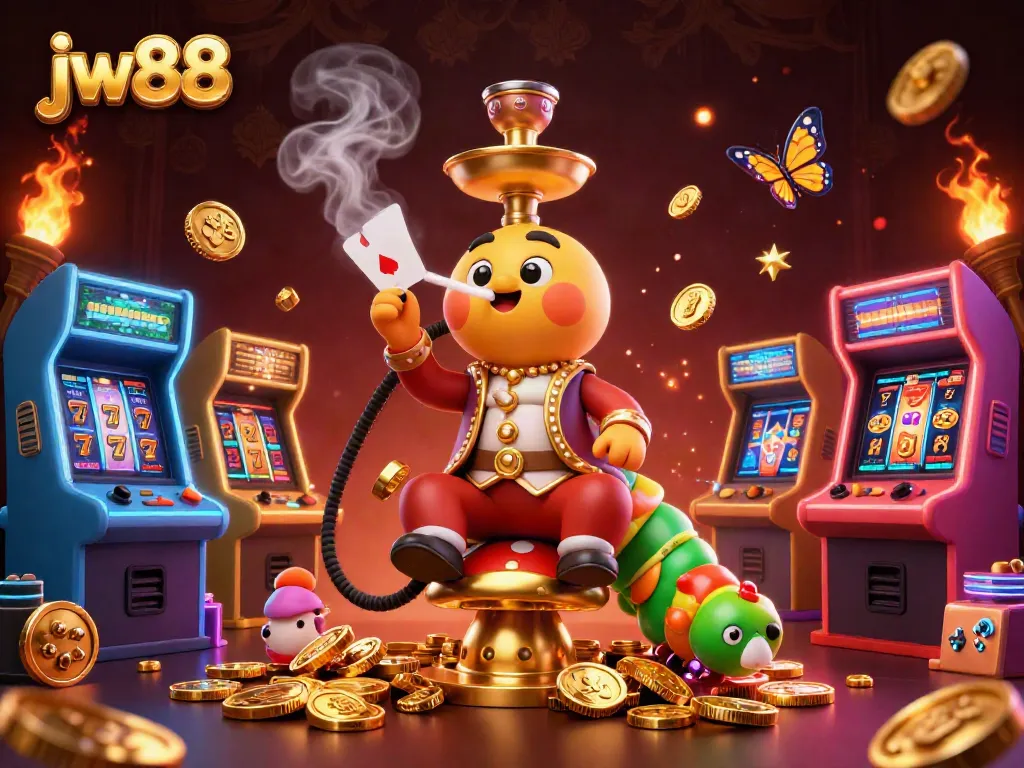 Experience the thrill of jw88 with this vibrant 3D casino scene showcasing gaming elements and an enchanting sultan character.