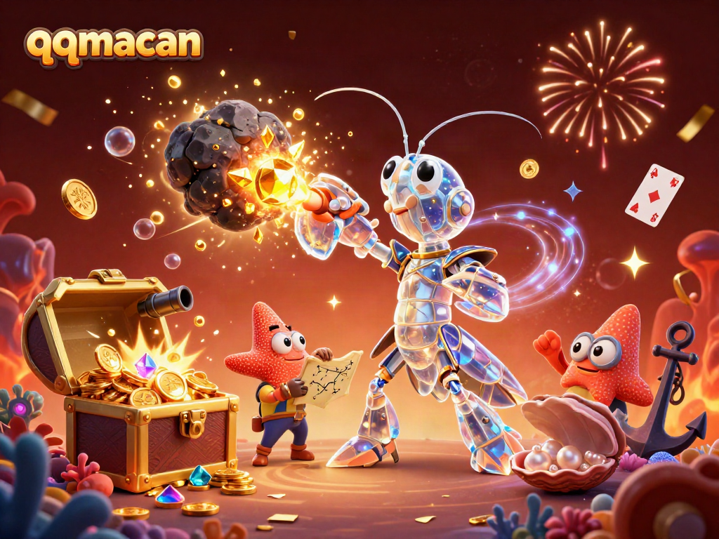 Experience the thrill of qqmacan as a galactic samurai mantis shrimp battles through golden gems and coins.