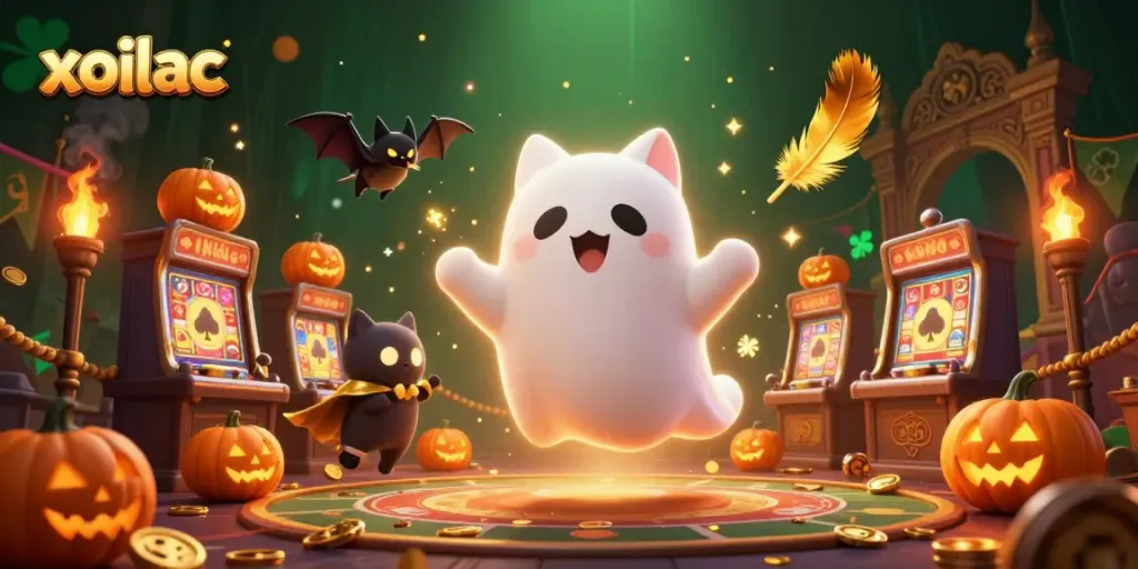 Xoilac brings luck in a haunted casino with a ghost cat, bat companion, and glowing jack-o-lanterns.
