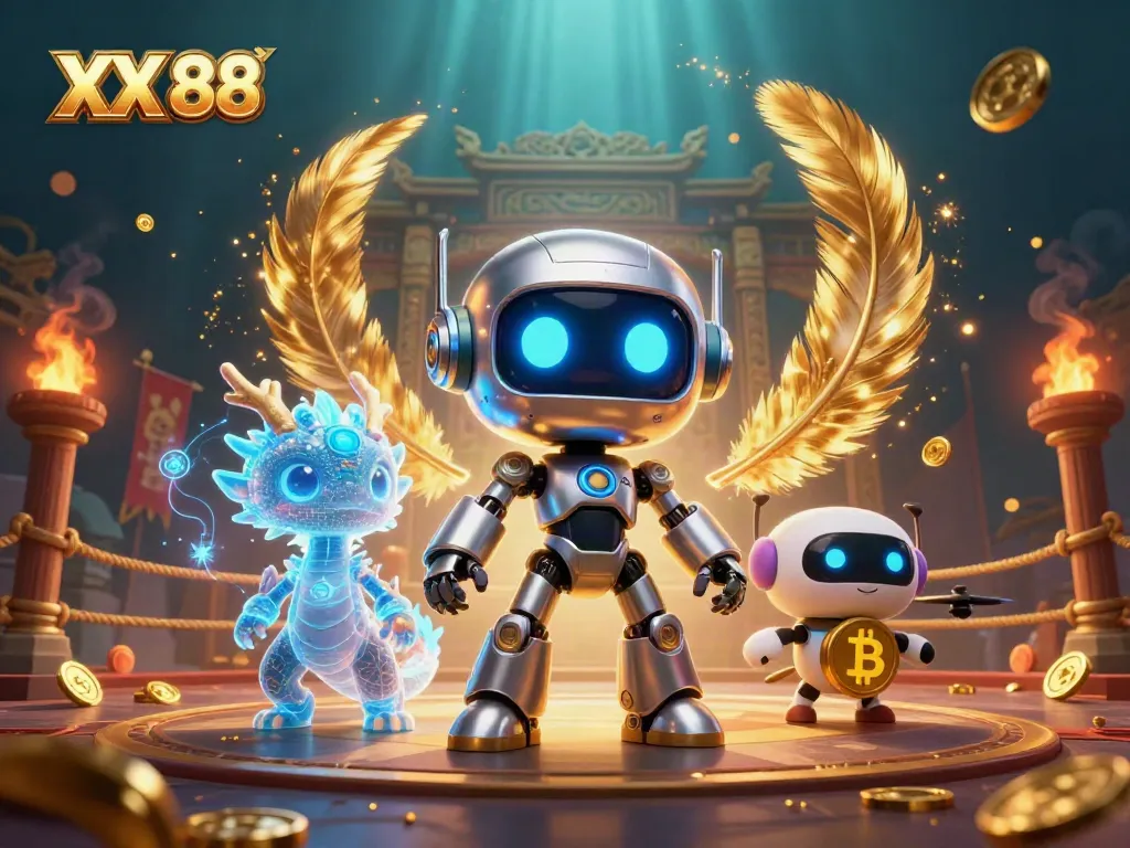 Experience the thrilling atmosphere of XX 88 with a cyberpunk robot and enchanting dragon in a dynamic casino scene.