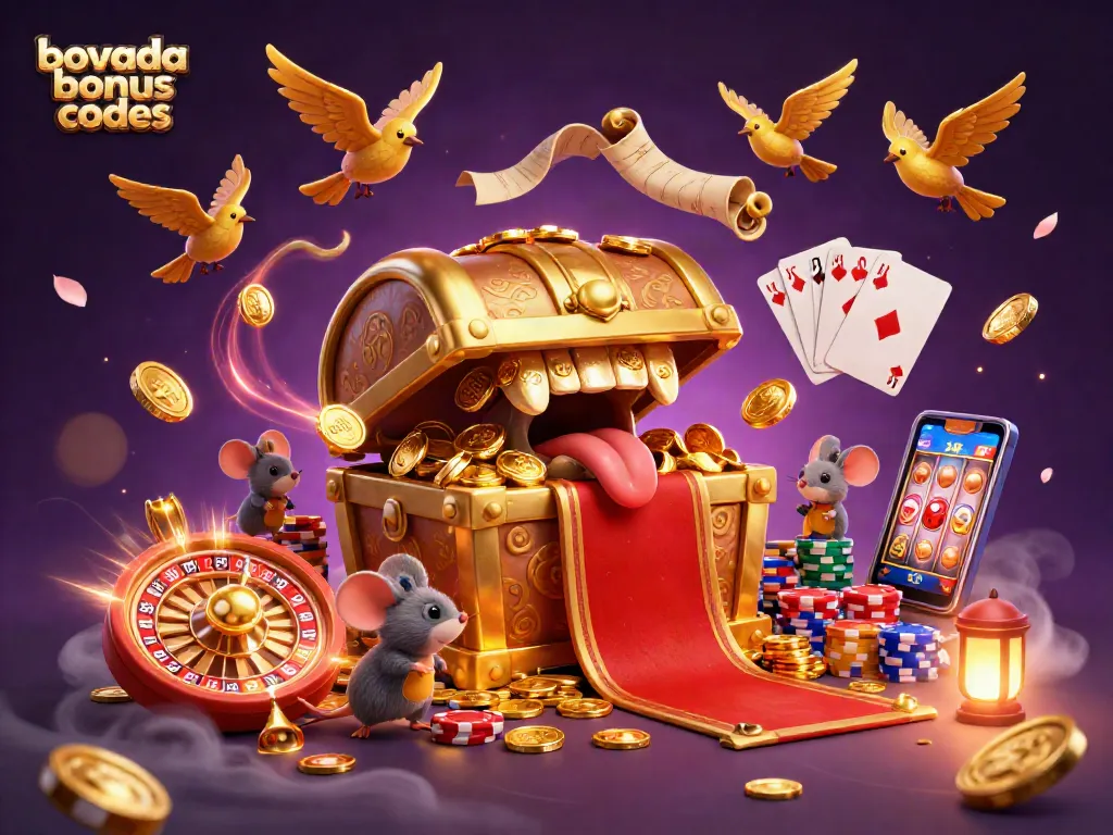 Experience the thrills of bovada bonus codes with a dynamic scene of a golden treasure chest enticing adventurer mice amid cascading coins and vibrant casino elements.