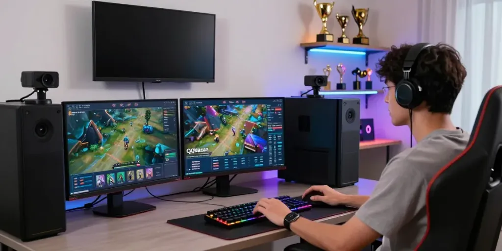 Engaged player using QQMacan login at a modern gaming workstation with dual monitors and vibrant graphics.
