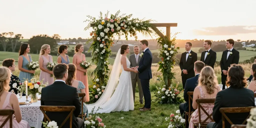 Dunedin wedding photographer captures a couple exchanging vows in a stunning outdoor setting with golden hour lighting.