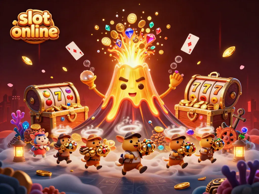 Engage in slot online adventures with a triumphant volcano, treasure, and vibrant casino elements.