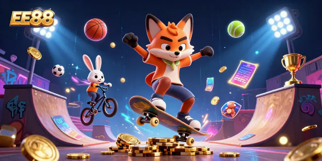 EE88 gaming action with a skateboarder fox and BMX rabbit amidst vibrant casino elements.