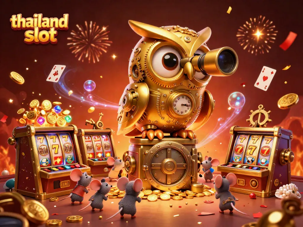 Experience the excitement of thailand slot games with golden owls and vibrant treasures in an immersive digital casino scene.