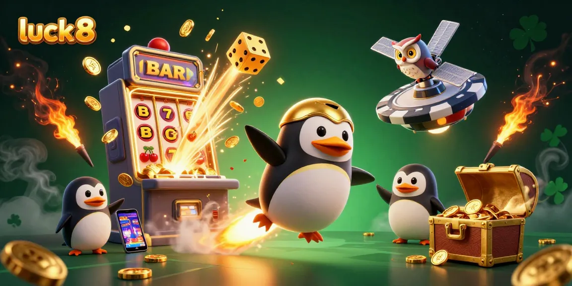 Spin to win with luck 8 at a vibrant casino featuring a golden penguin and jackpot explosion.