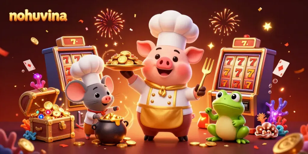 Experience riches with nohuvina as a chef pig serves gold coins in a dynamic casino-themed scene.