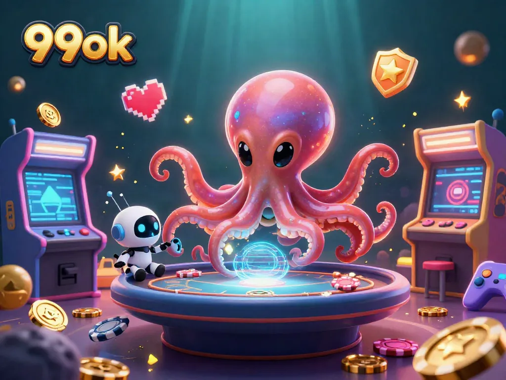Engage in exciting 99ok poker games with the alien octopus at a holographic table.