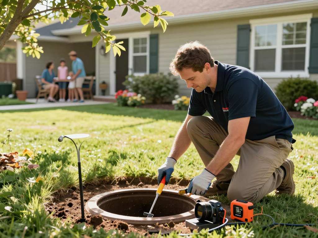 Septic tank inspection at a family home by experts at https://Www.socalseptics.com, showcasing professional equipment and a vibrant backyard.